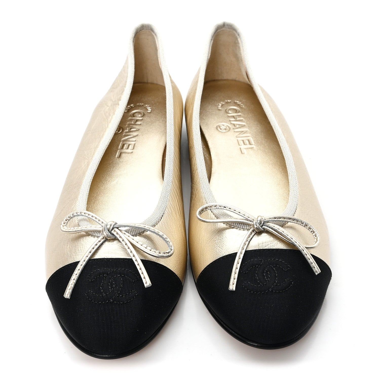 CHANEL パンプス Chanel Metallic Laminated Lambskin Grosgrain CC Cap Toe Ballerina