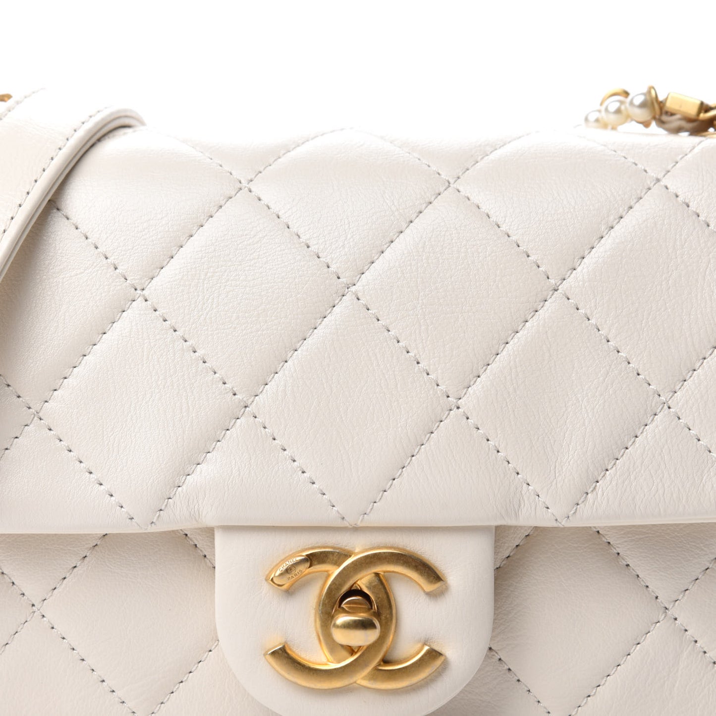Calfskin Quilted Mini Crystal Pearls Rectangular Flap White