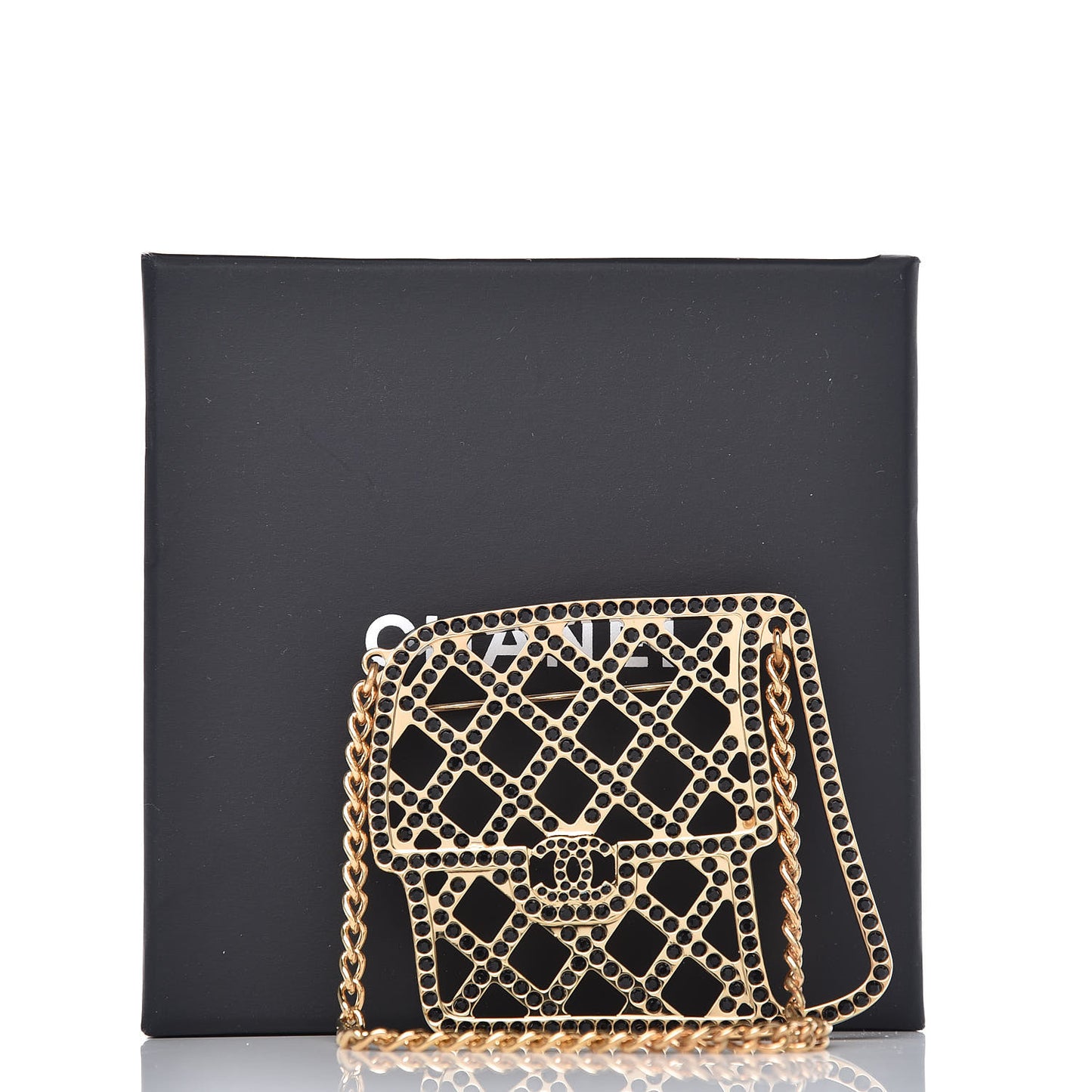 Crystal Flap Bag Brooch Black Gold