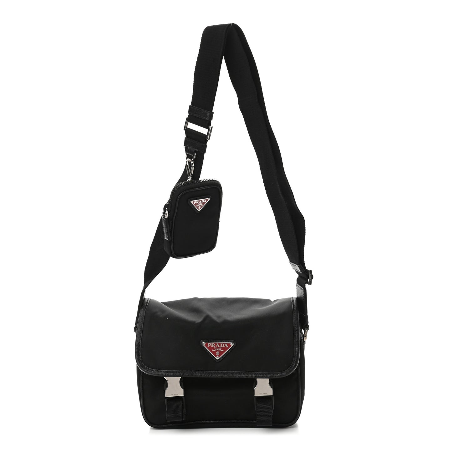 Tessuto Nylon Saffiano Pocket Double Snap Buckle Messenger Shoulder Bag Black