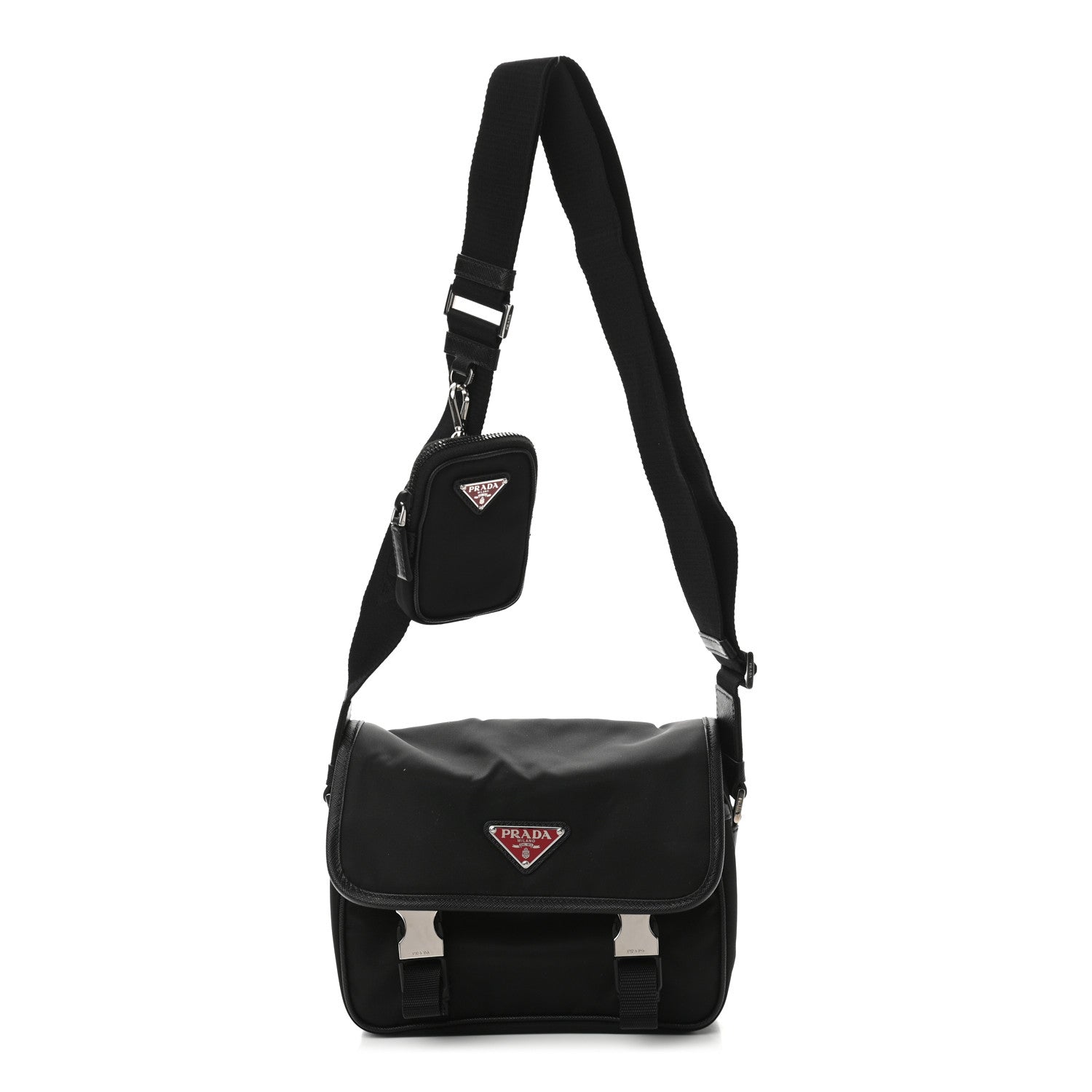 Prada Tessuto Nylon Saffiano Pocket Double Snap Buckle Messenger Shoulder Bag Black 1 of 11