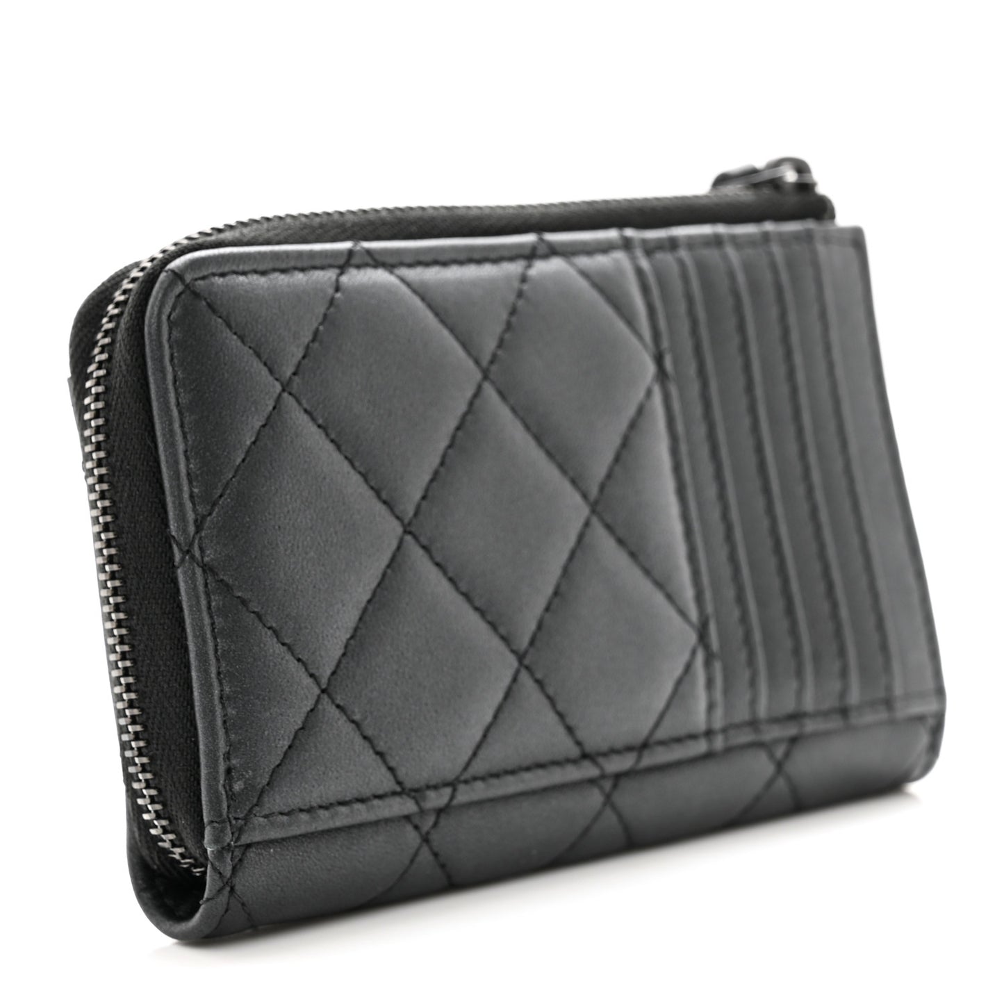 Pearly Lambskin Quilted Zip Card Holder So Black