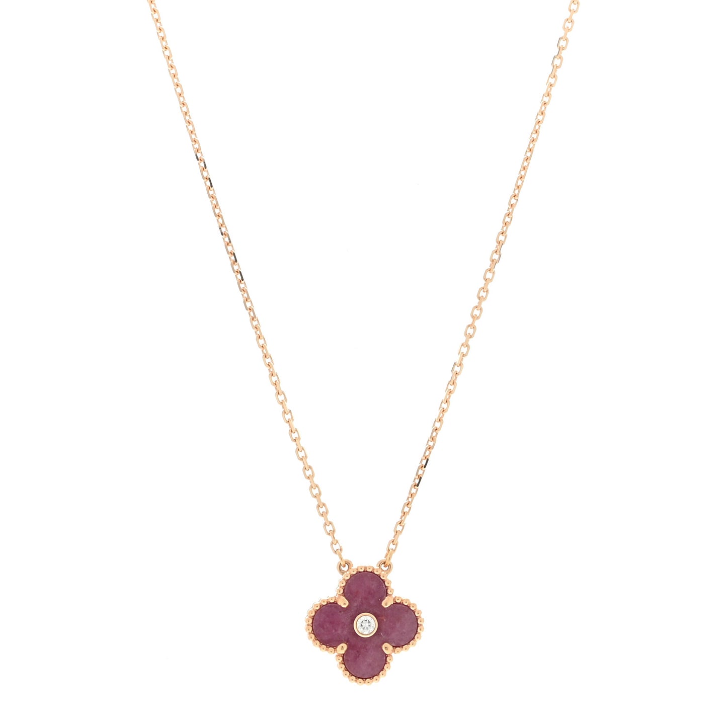 18K Rose Gold Diamond Rhodonite Vintage Alhambra Pendant Necklace