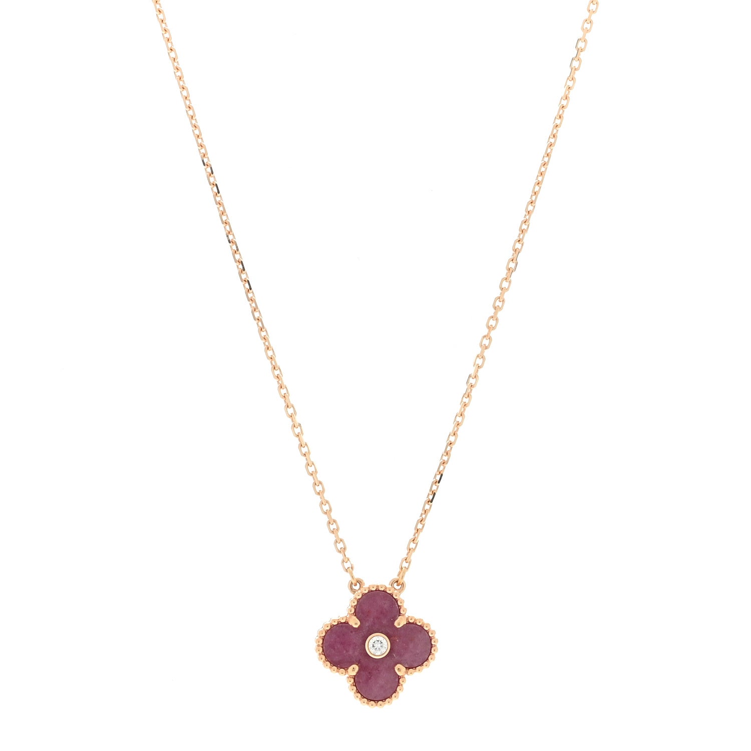Van Cleef & Arpels 18K Rose Gold Diamond Rhodonite Vintage Alhambra Pendant Necklace 1 of 4
