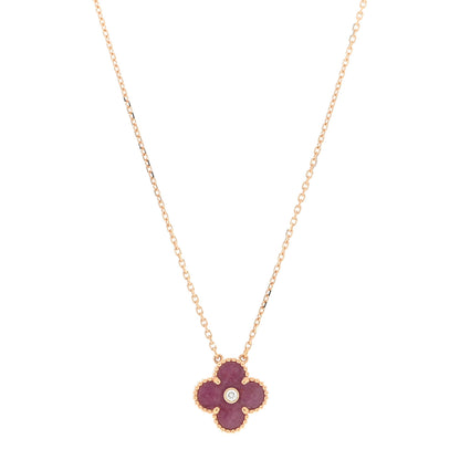 Van Cleef & Arpels 18K Rose Gold Diamond Rhodonite Vintage Alhambra Pendant Necklace 1 of 4