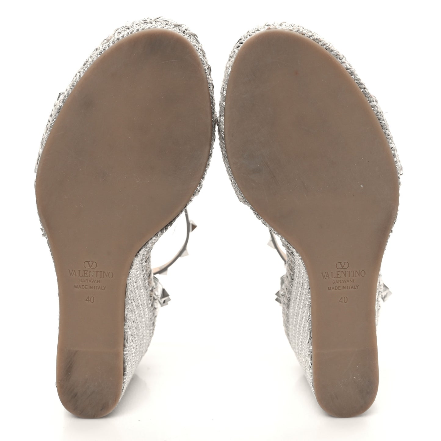 Metallic Grained Calfskin Rockstud Crisscross Ankle Strap Espadrille Wedge Sandals 40 Silver