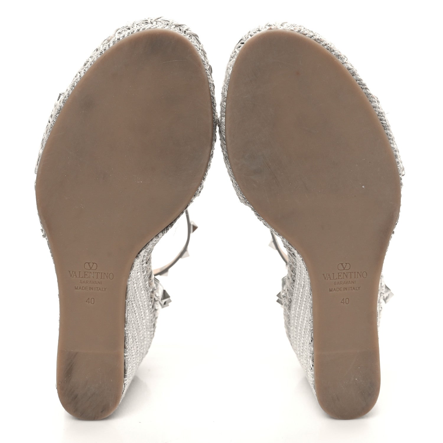 Valentino Garavani Metallic Grained Calfskin Rockstud Crisscross Ankle Strap Espadrille Wedge Sandals 40 Silver 6 of 9