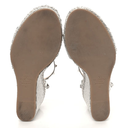 Valentino Garavani Metallic Grained Calfskin Rockstud Crisscross Ankle Strap Espadrille Wedge Sandals 40 Silver 6 of 9