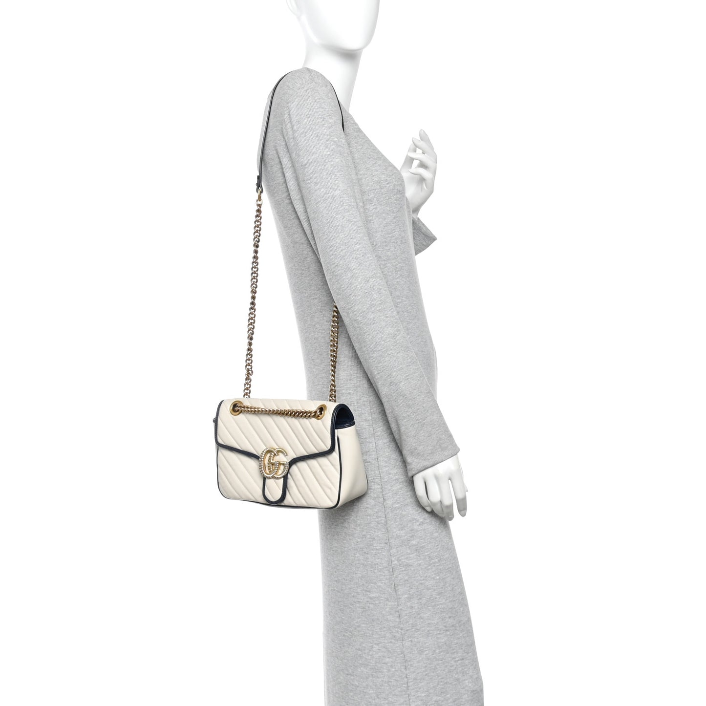 Vintage Effect Calfskin Matelasse Diagonal Small Torchon GG Marmont Shoulder Bag Mystic White Blue Agata