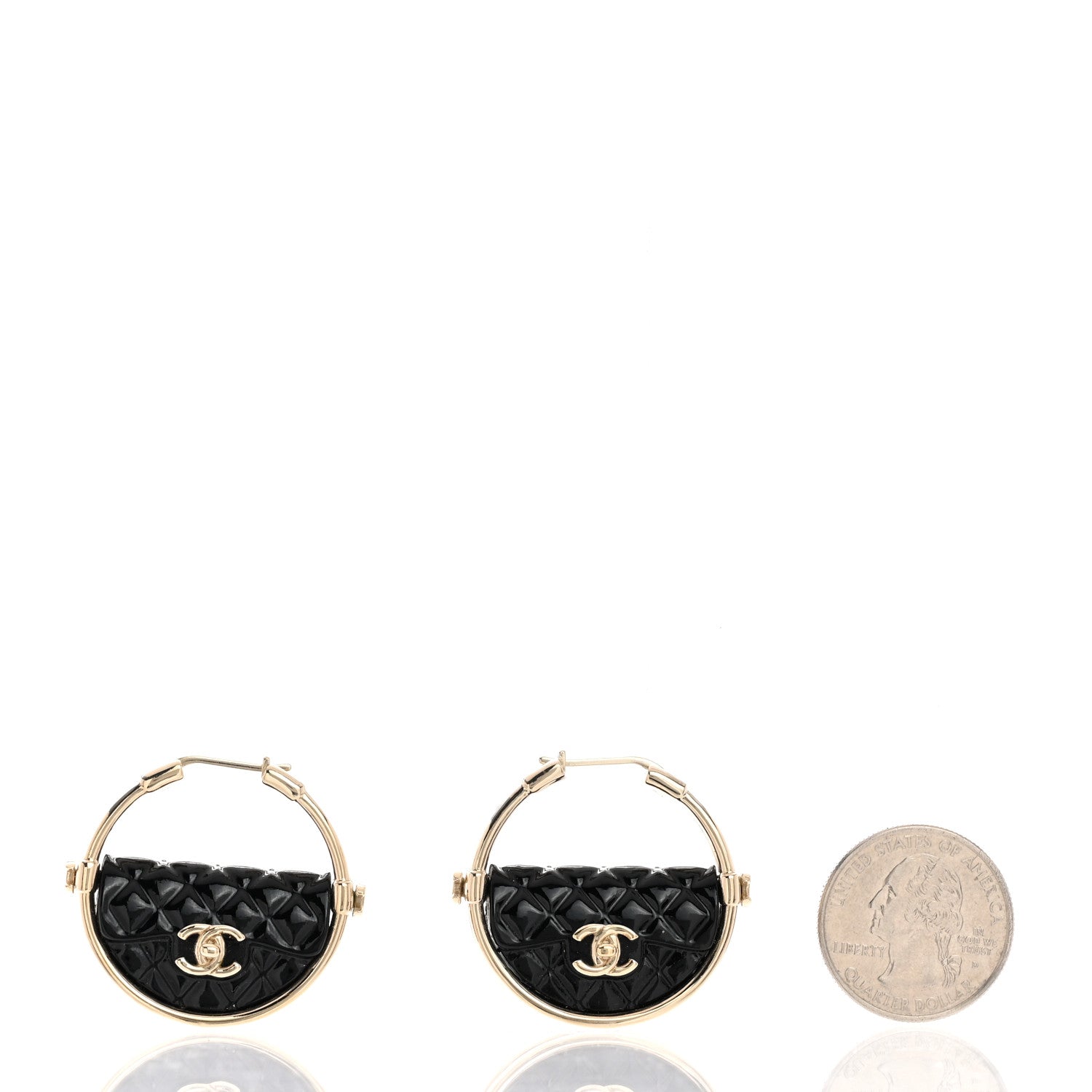 Chanel Metal Resin Quilted Flap Bag Hoop Earrings Black Gold 2 of 5
