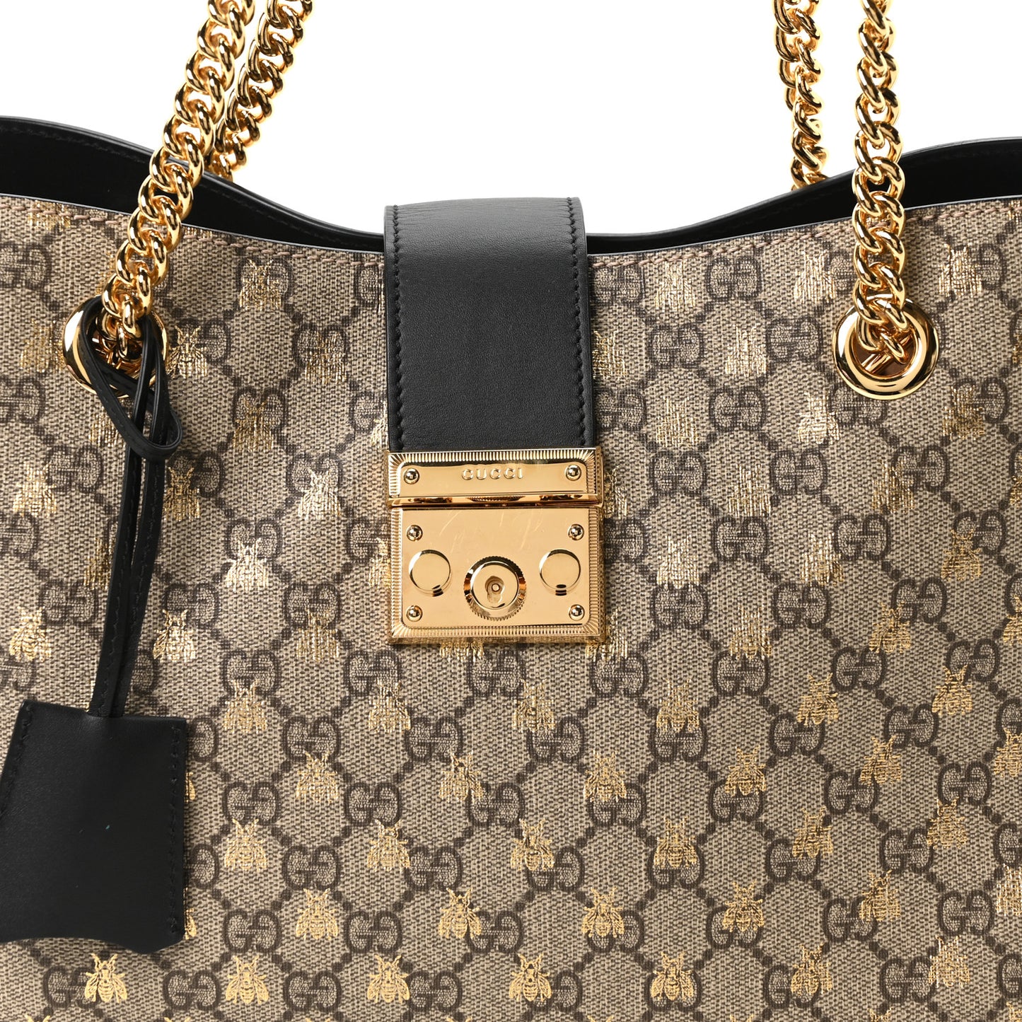 GG Supreme Monogram Bees Medium Padlock Tote Beige Oro Black