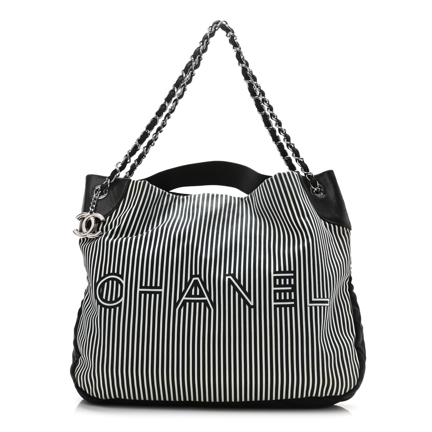 Chanel Striped Canvas Logo Tote Black 1 of 10