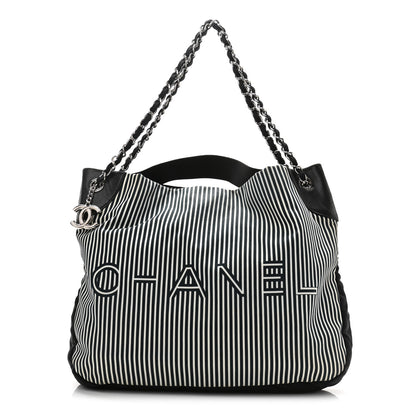 Chanel Striped Canvas Logo Tote Black 1 of 10