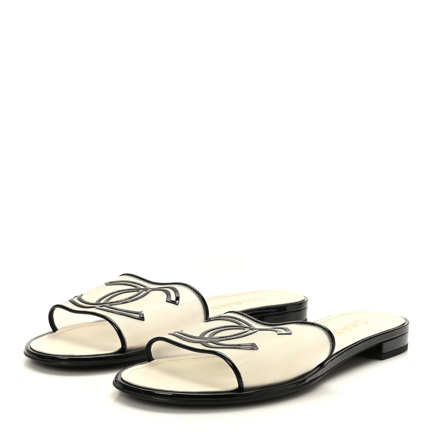 Mesh Patent Calfskin CC Sandal Mule 39.5 Beige Black