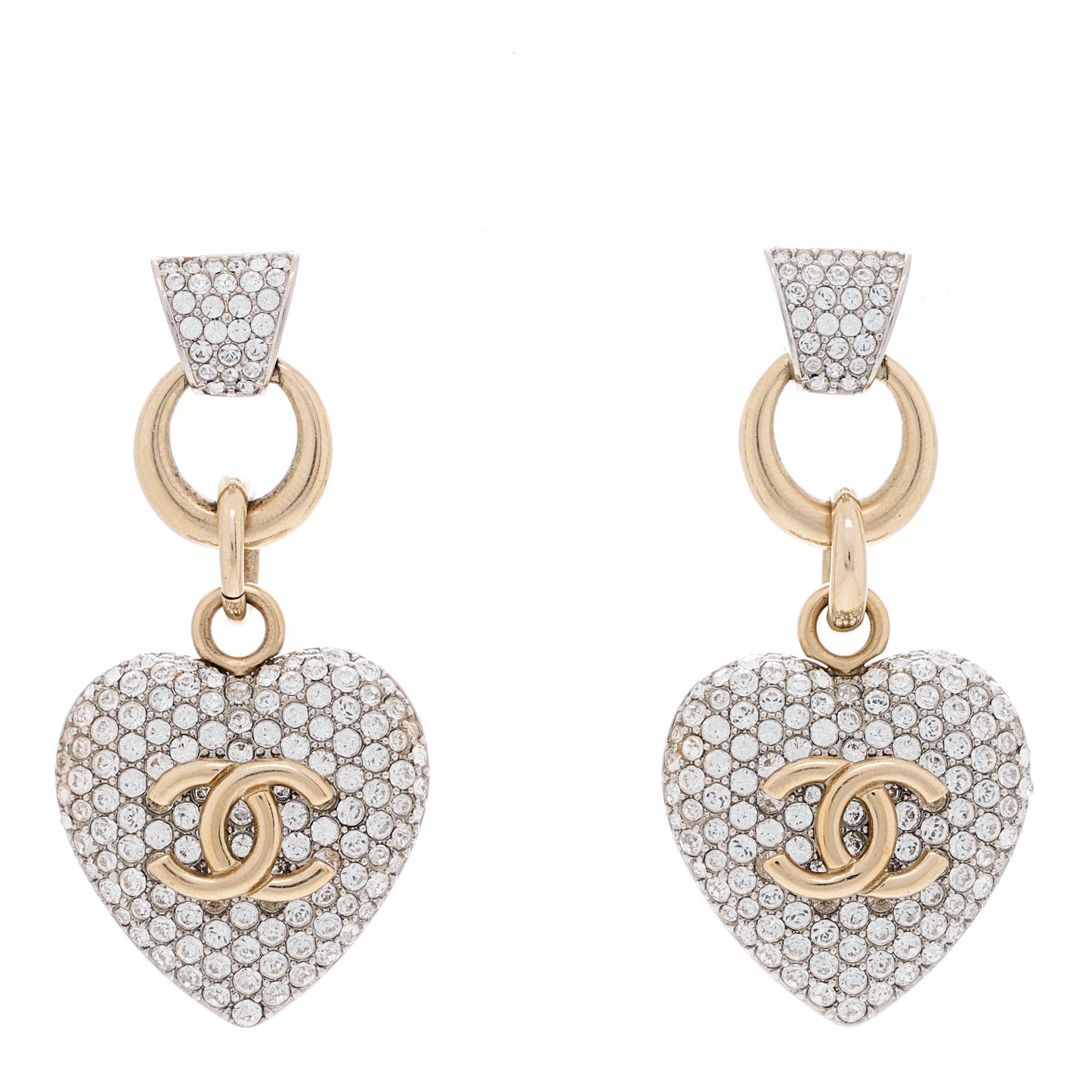 Crystal Heart CC Drop Clip On Earrings Silver Gold
