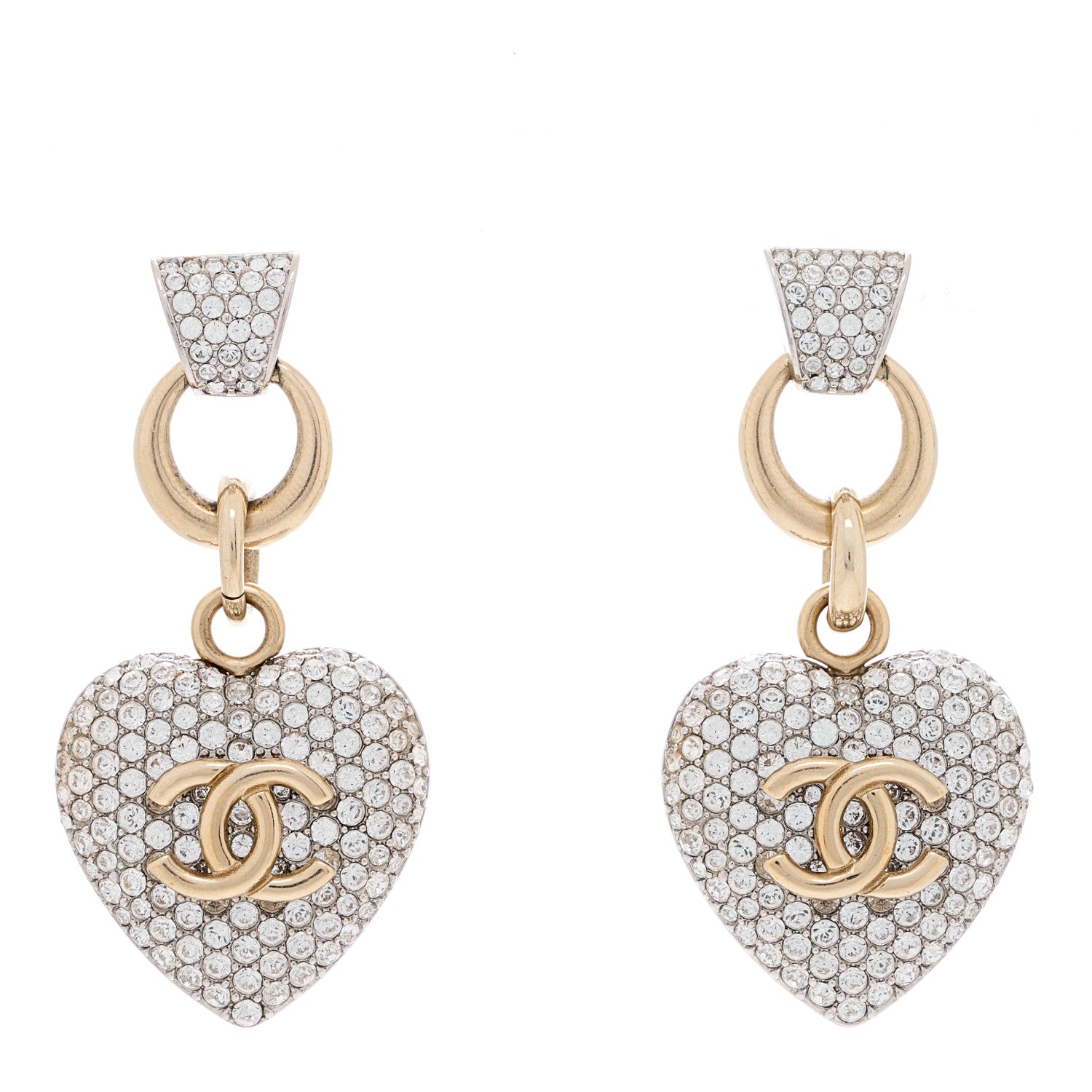 Chanel Crystal Heart CC Drop Clip On Earrings Silver Gold 1 of 4