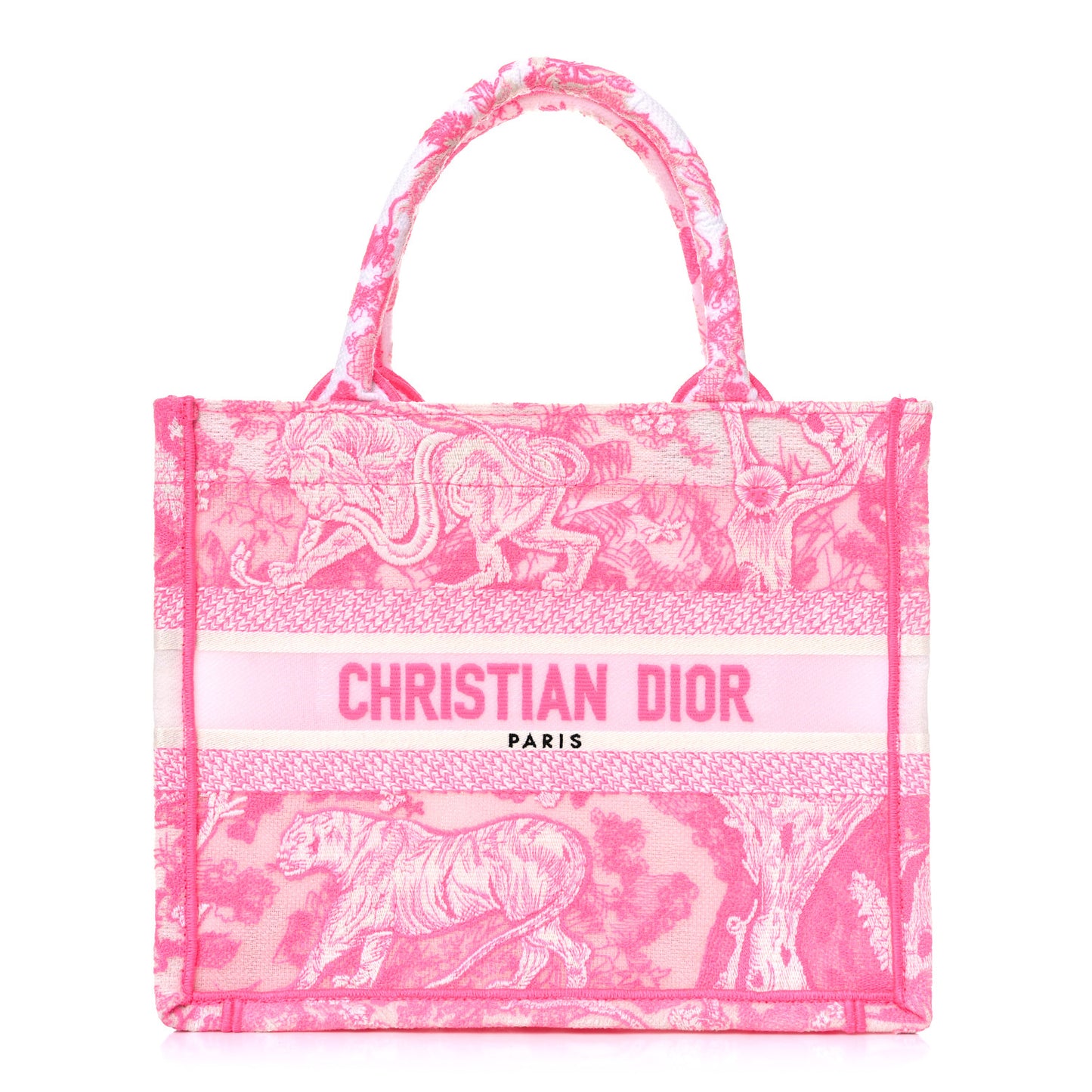 Transparent Canvas Embroidered Small Toile De Jouy Reverse Book Tote Fluorescent Pink