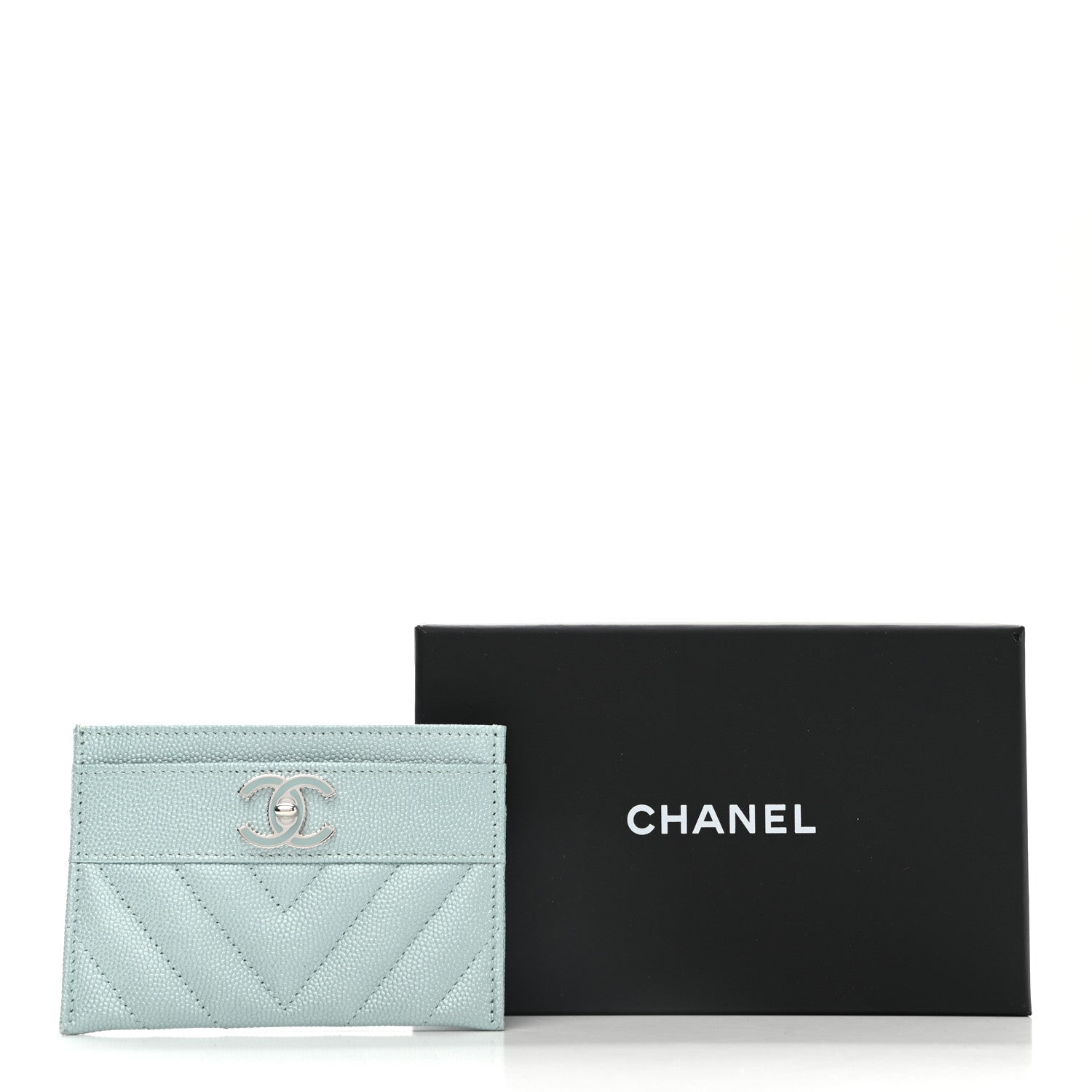 Chanel Metallic Caviar Chevron Quilted Vintage Mademoiselle Card Holder Light Blue 9 of 9