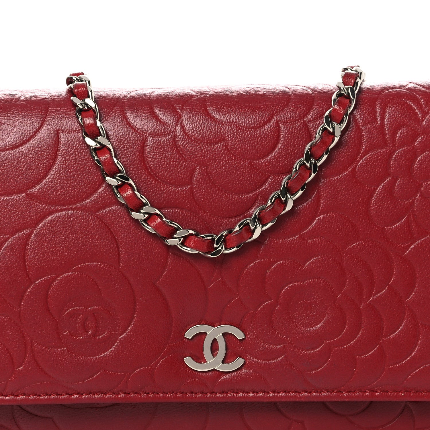 Chanel Lambskin Camellia Embossed Wallet on Chain WOC Red 9 of 14