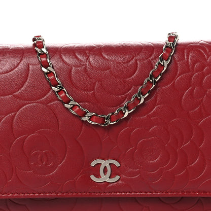 Chanel Lambskin Camellia Embossed Wallet on Chain WOC Red 9 of 14