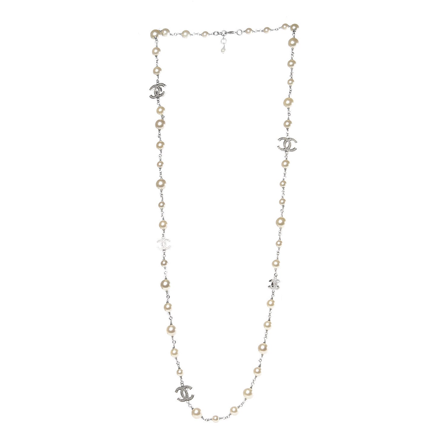 Pearl Baguette Crystal CC Long Necklace Silver