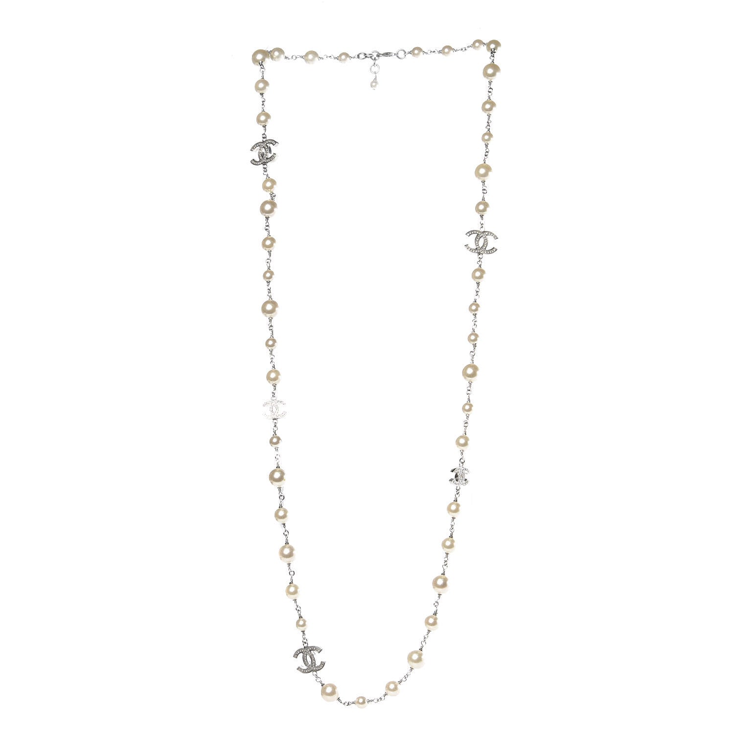 Chanel Pearl Baguette Crystal CC Long Necklace Silver 3 of 5