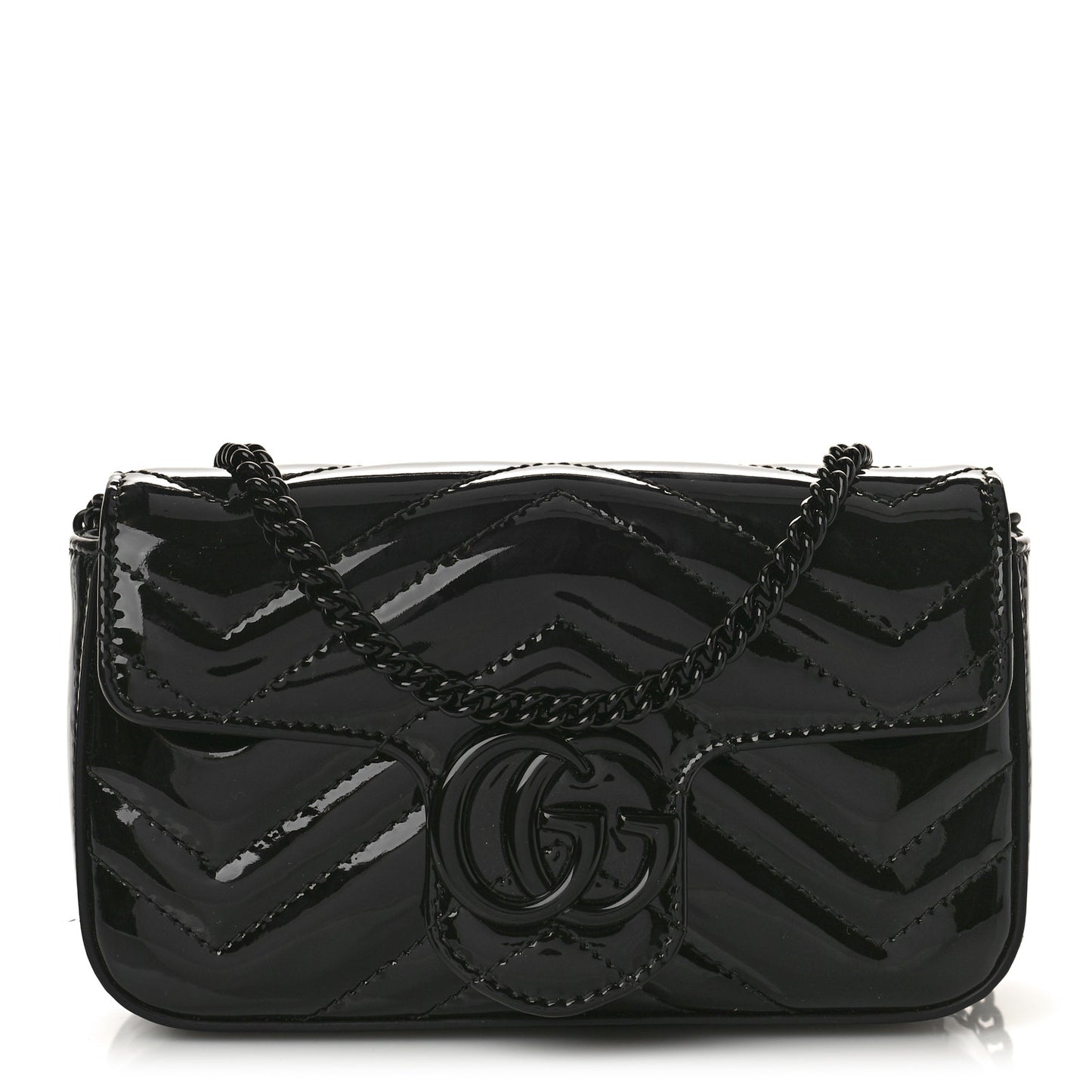 Patent Lambskin Enamel Matelasse Monochrome Super Mini GG Marmont Shoulder Bag Black