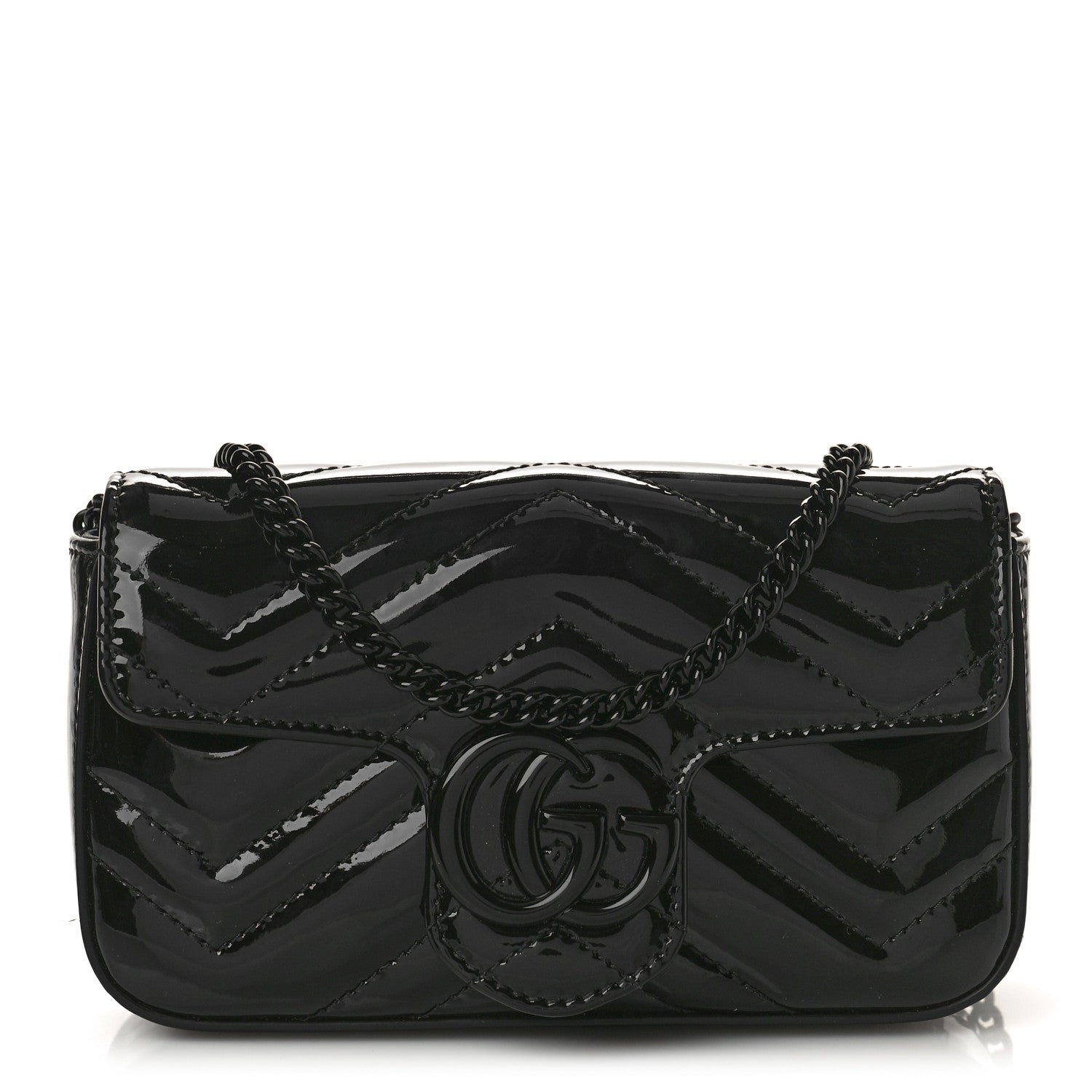 Gucci Patent Lambskin Enamel Matelasse Monochrome Super Mini GG Marmont Shoulder Bag Black 1 of 8
