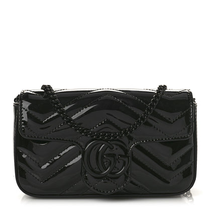 Gucci Patent Lambskin Enamel Matelasse Monochrome Super Mini GG Marmont Shoulder Bag Black 1 of 8