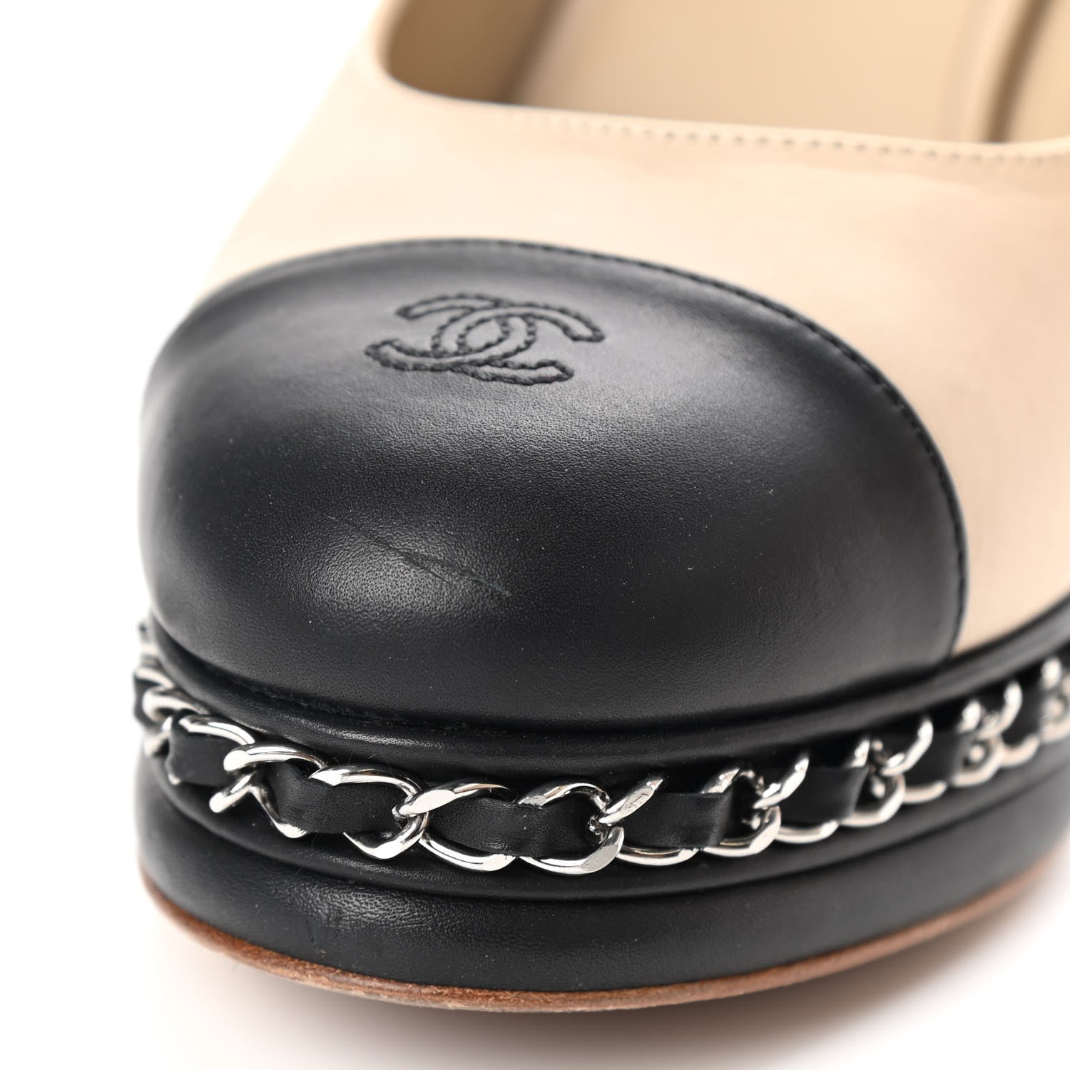 Chanel Calfskin CC Cap Toe Platform Chain Pumps 37.5 Beige Black 17 of 17