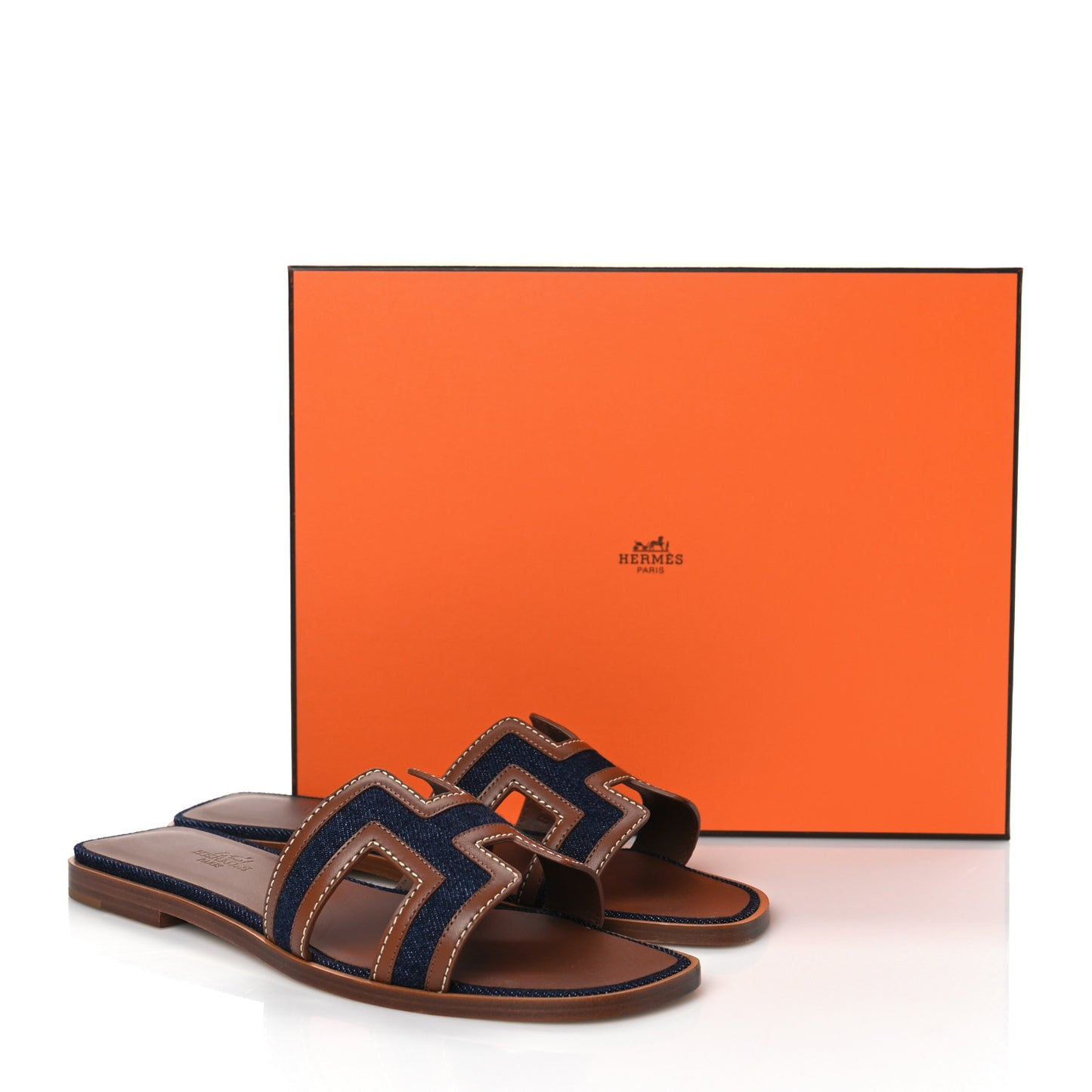 Calfskin Denim Oran Sandals 37 Bleu Brut Gold