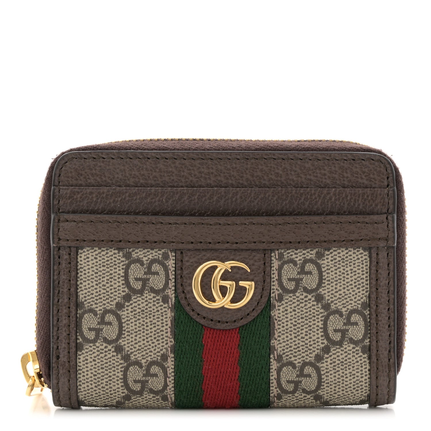 Gucci GG Supreme Monogram Textured Dollar Calfskin Web Ophidia Zip Around Card Case Wallet Beige Ebony New Acero 1 of 7