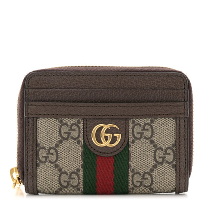 Gucci GG Supreme Monogram Textured Dollar Calfskin Web Ophidia Zip Around Card Case Wallet Beige Ebony New Acero 1 of 7