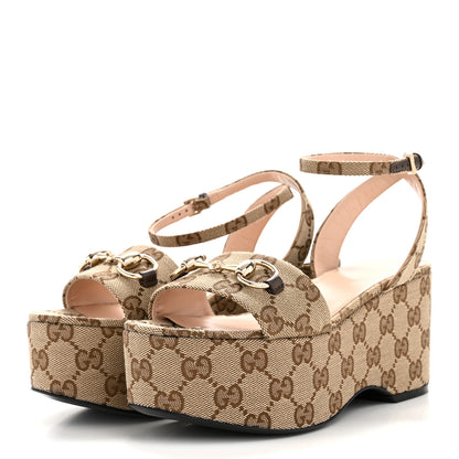 Gucci Monogram Nappa Chalotte Horsebit Ankle Strap 75mm Flatform Sandals 35 Beige Ebony 4 of 9