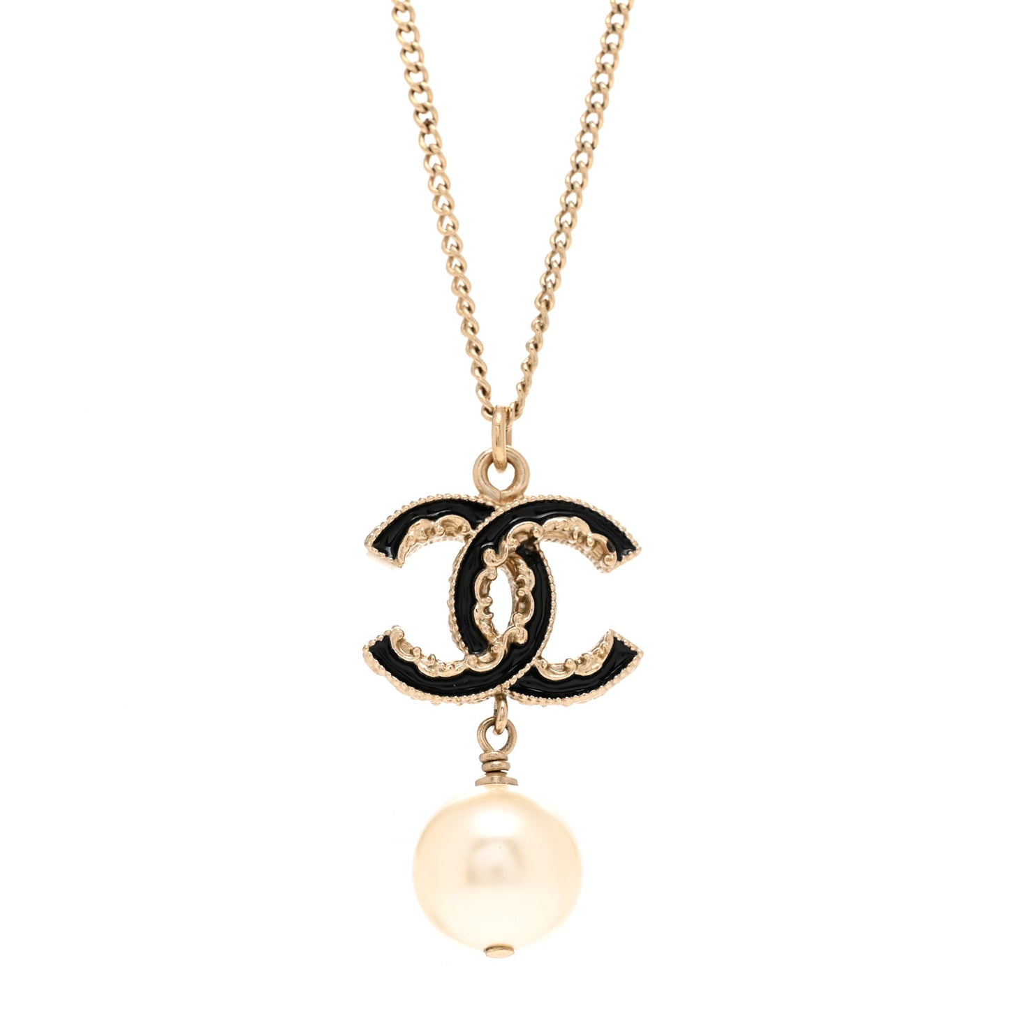 Enamel Pearl CC Baroque Drop Necklace Black Gold