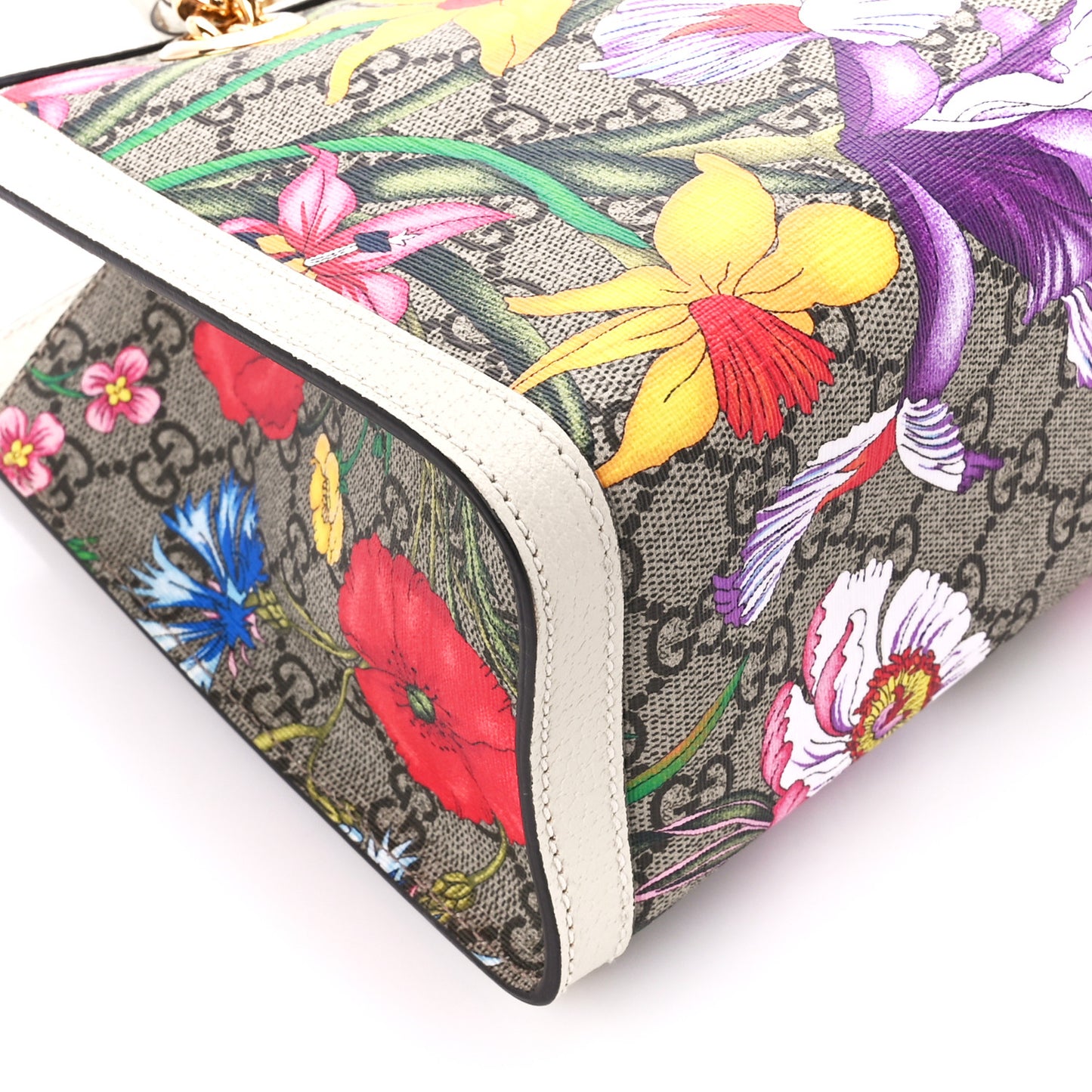 GG Supreme Monogram Flora Textured Calfskin Small Padlock Tote Beige Ebony Multicolor Mystic White