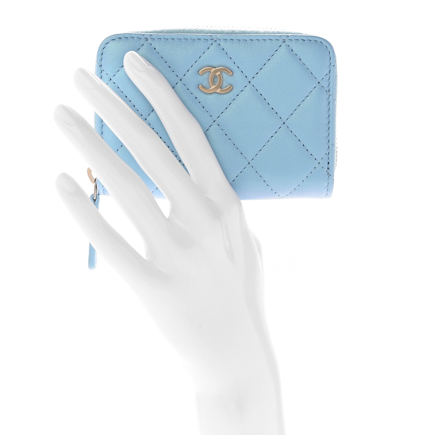 Chanel Iridescent Calfskin Quilted Zip Coin Purse Wallet Light Blue 2 of 7
