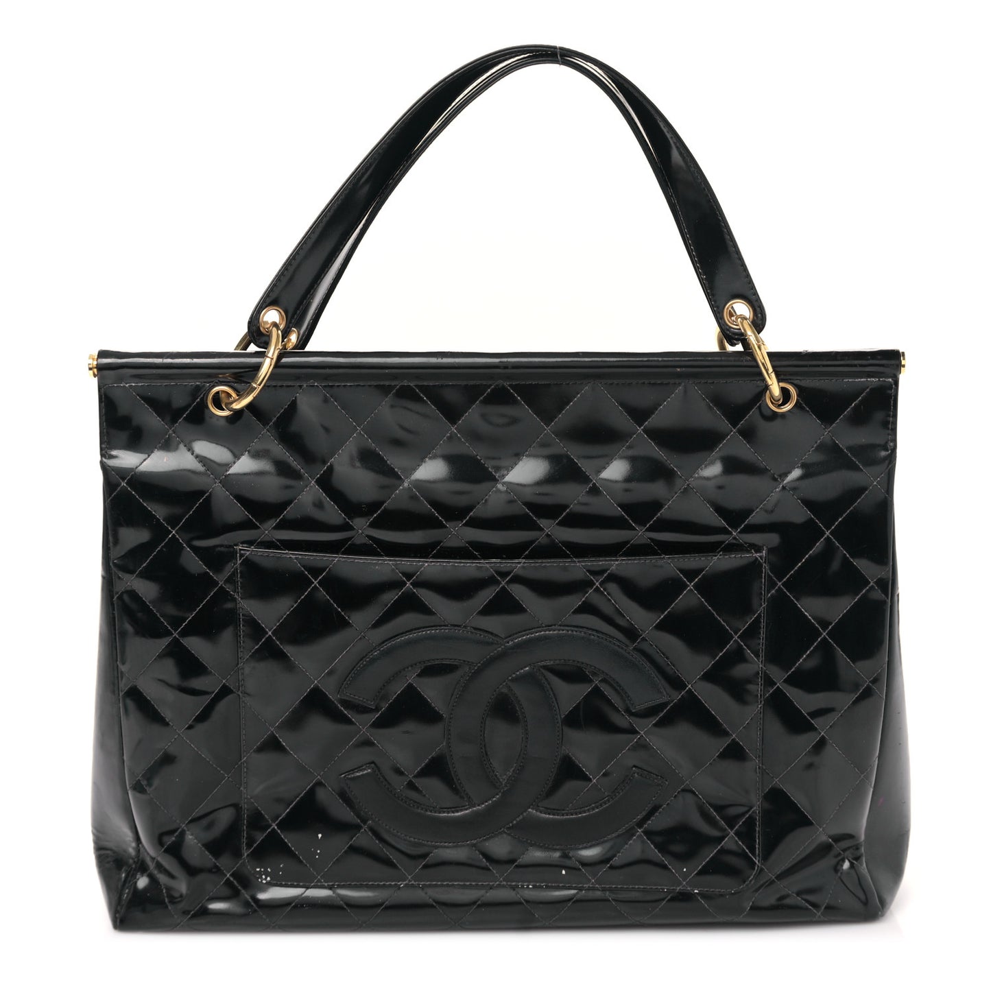 Patent Quilted Shopping Tote Black