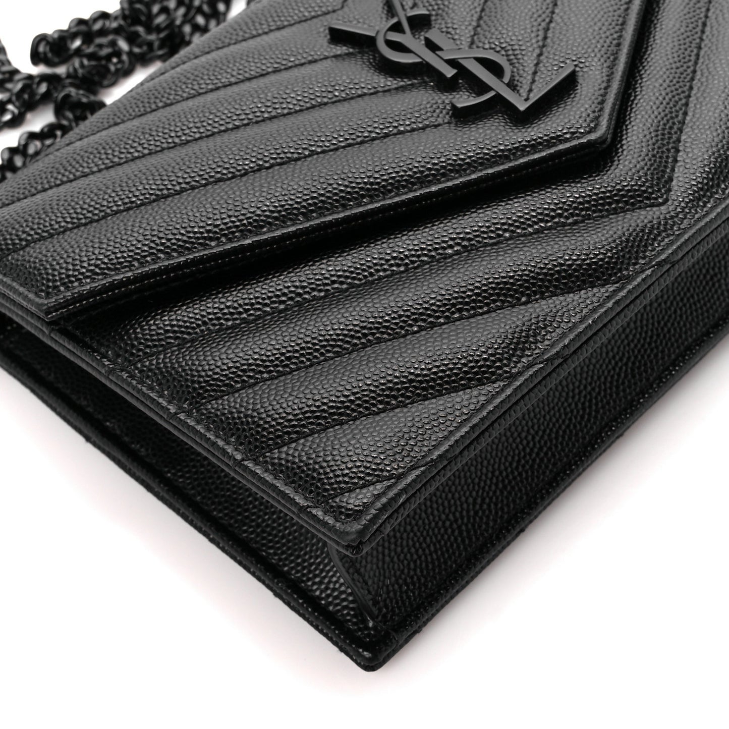 Grain De Poudre Matelasse Chevron Monogram Monochrome Envelope Chain Wallet Black
