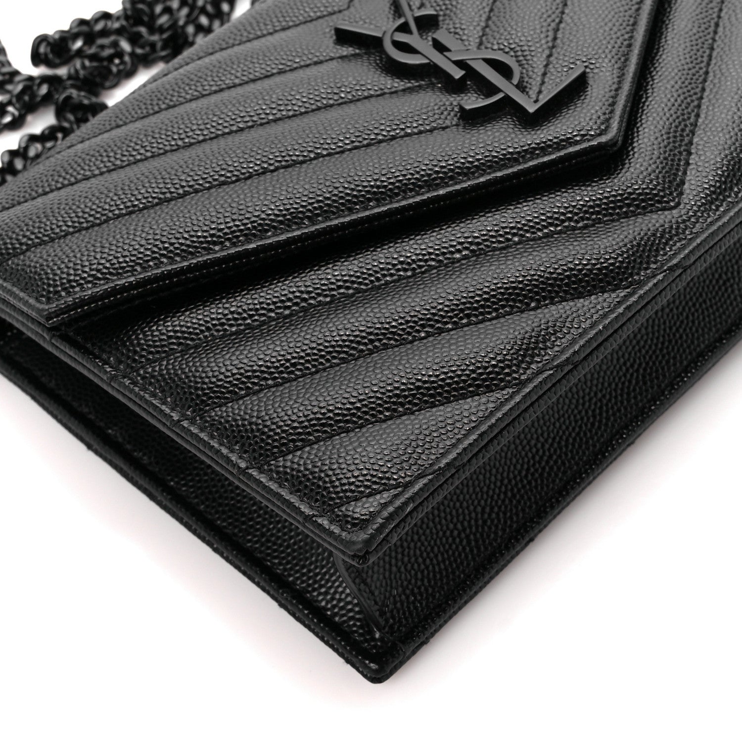 Saint Laurent Grain De Poudre Matelasse Chevron Monogram Monochrome Envelope Chain Wallet Black 8 of 9