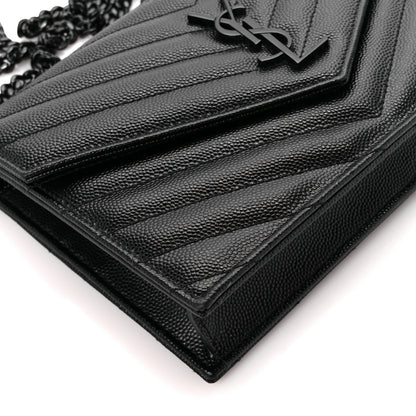 Saint Laurent Grain De Poudre Matelasse Chevron Monogram Monochrome Envelope Chain Wallet Black 8 of 9