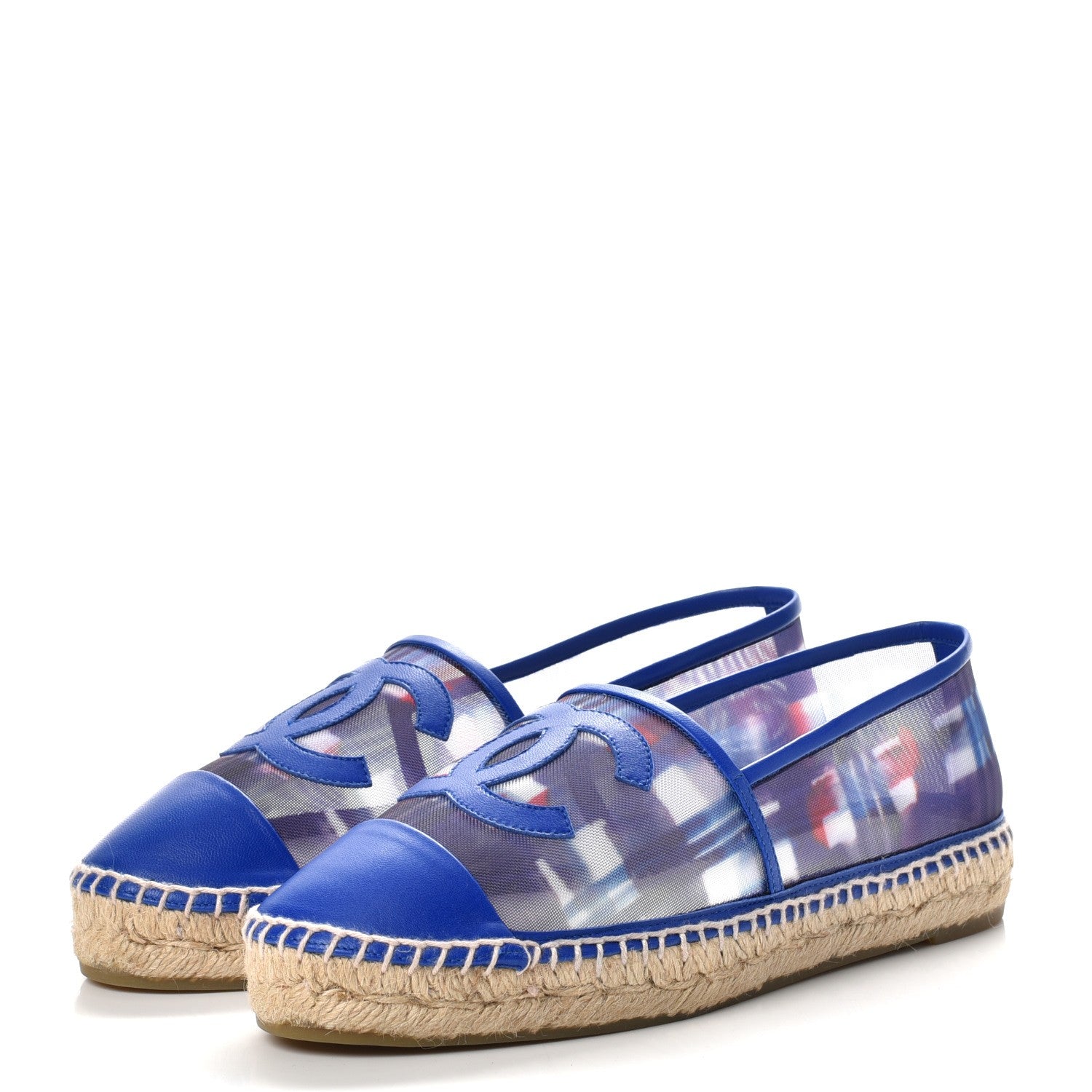 Chanel Mesh Lambskin Plaid Print CC Espadrilles 38 Blue White Red 3 of 9