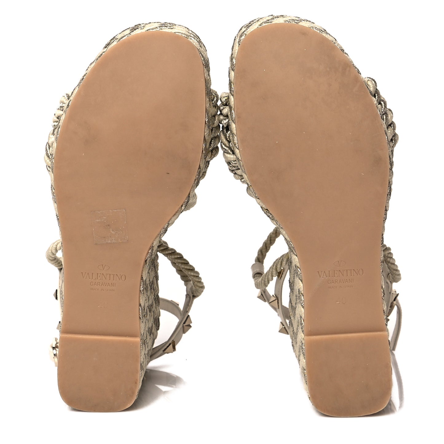 Braided Cotton Calfskin Rockstud Torchon Espadrille Wedge Sandals 40 Light Ivory