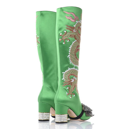 Gucci Silk Satin Malaga Kid Embroidered Candy Dragon Block-Heel Knee Boot 39 Palm 7 of 14
