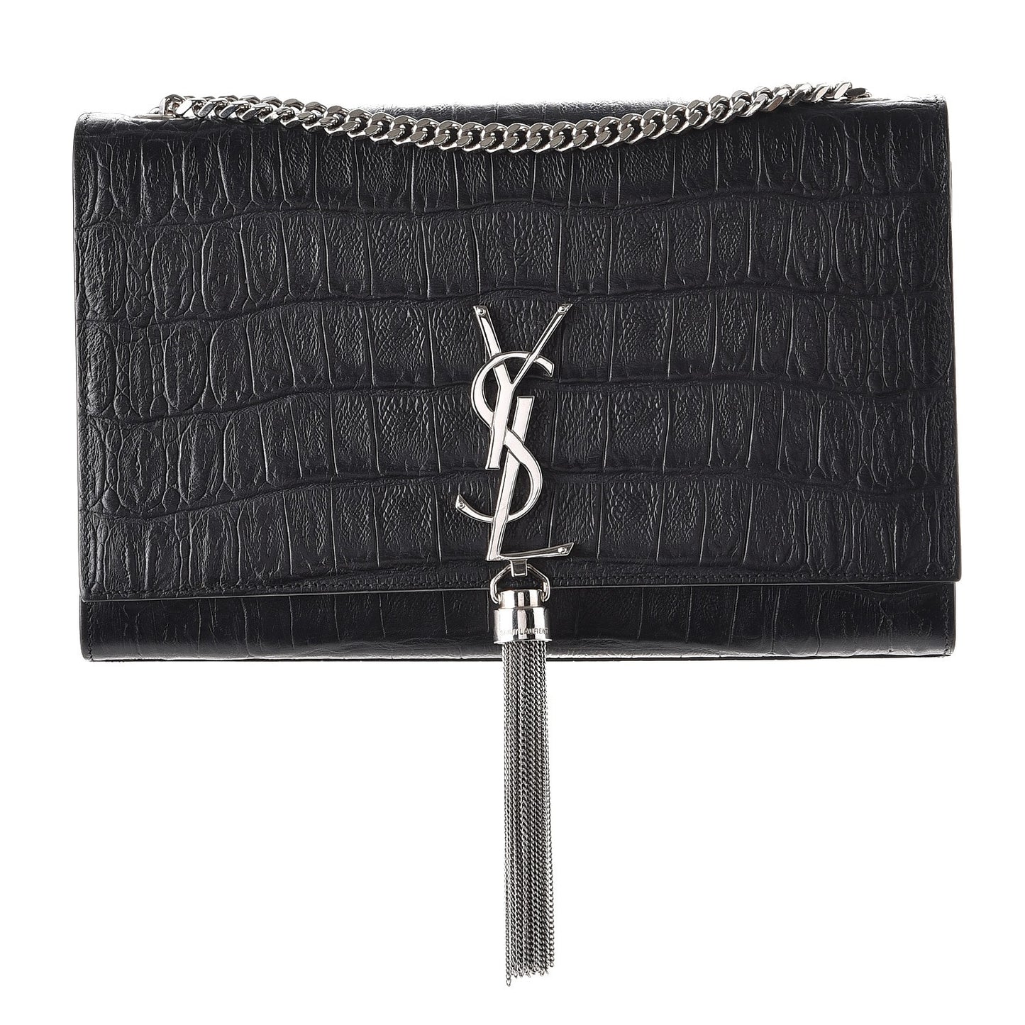 Calfskin Crocodile Embossed Medium Classic Monogram Kate Tassel Satchel Black