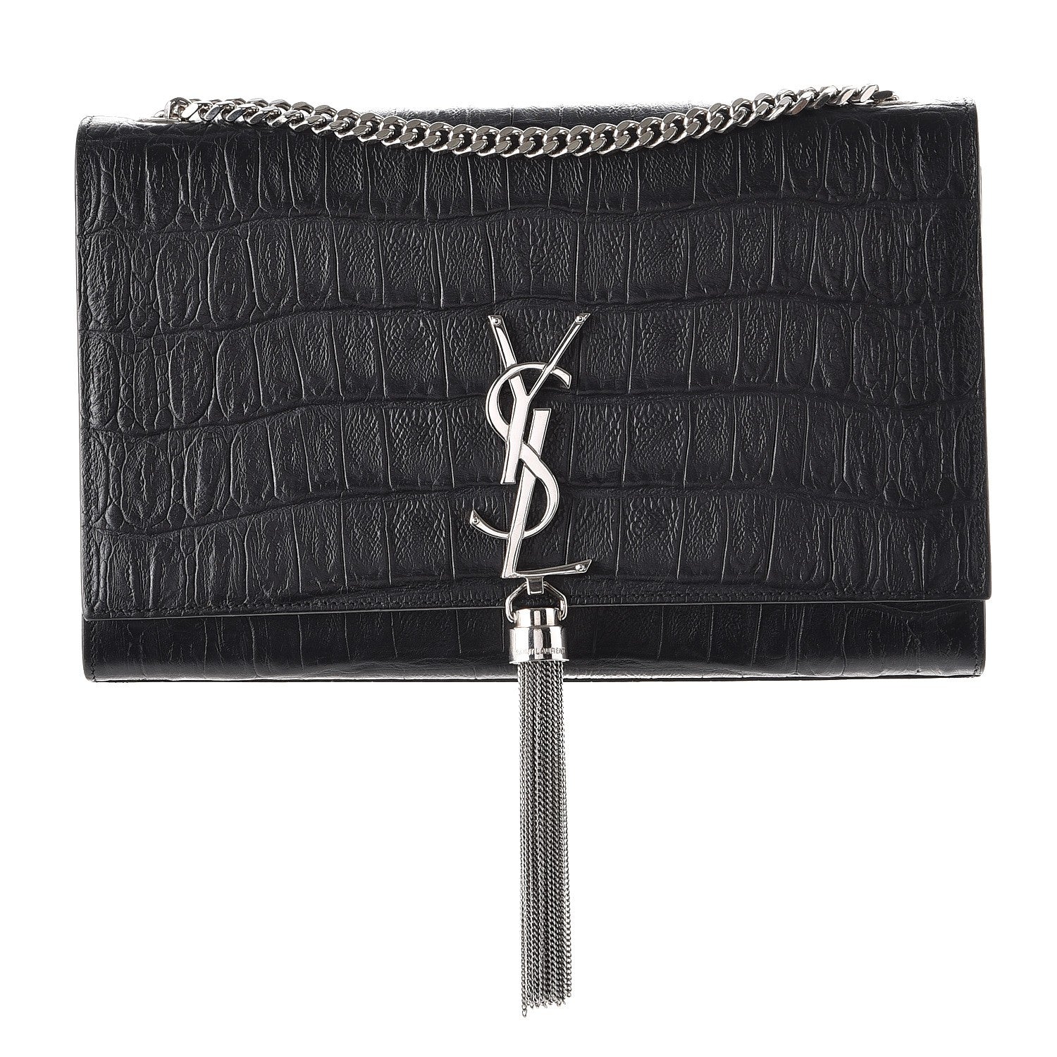 Saint Laurent Calfskin Crocodile Embossed Medium Classic Monogram Kate Tassel Satchel Black 1 of 8