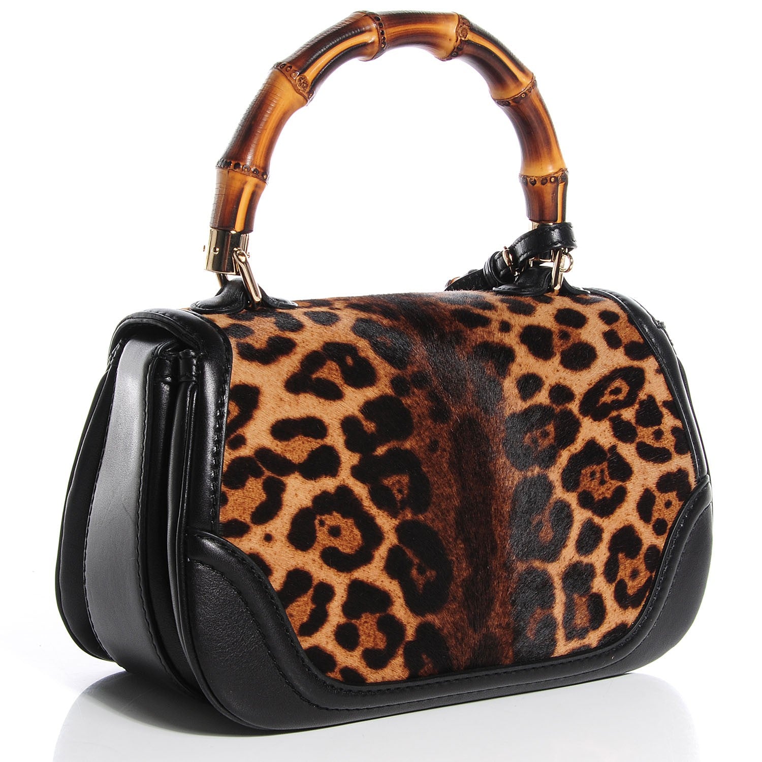 Gucci Calf Hair Jaguar Printed Medium New Bamboo Top Handle Bag Black 3 of 7