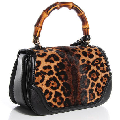 Gucci Calf Hair Jaguar Printed Medium New Bamboo Top Handle Bag Black 3 of 7