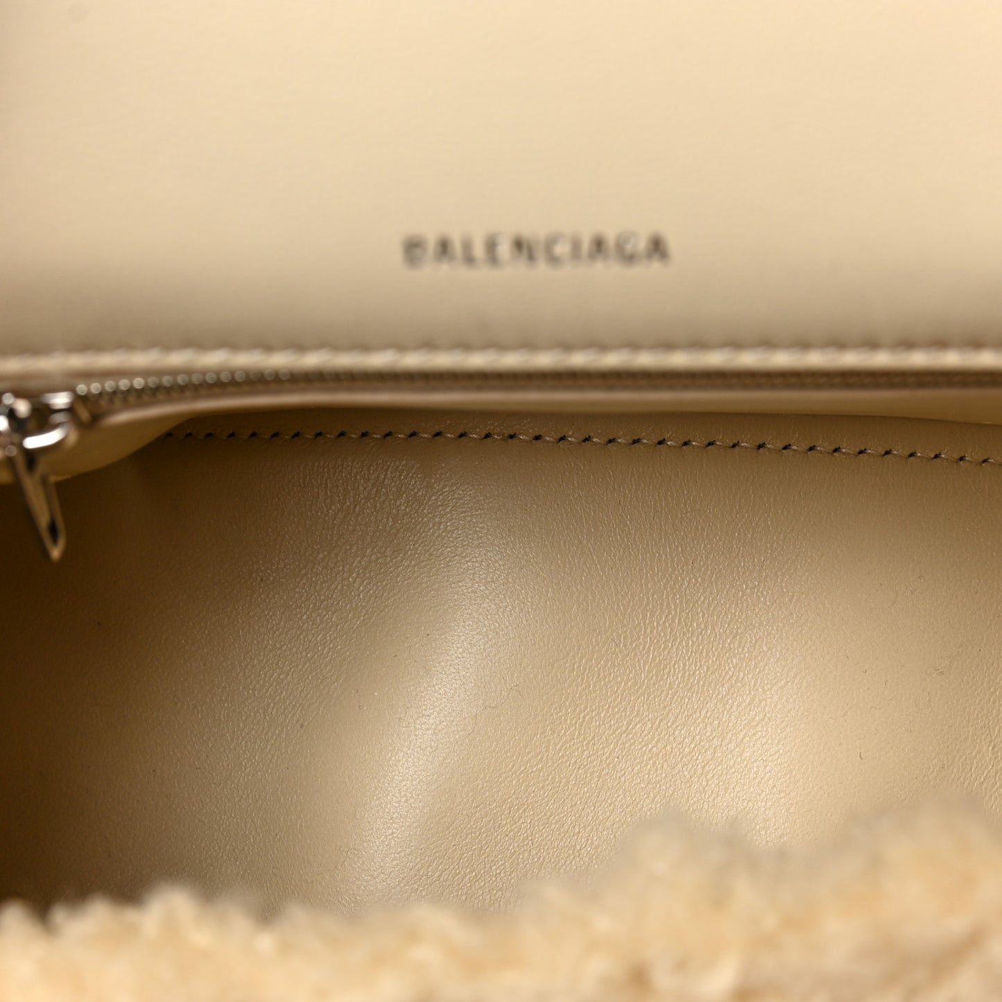 Curly Faux Shearling Small Hourglass Top Handle Bag Beige