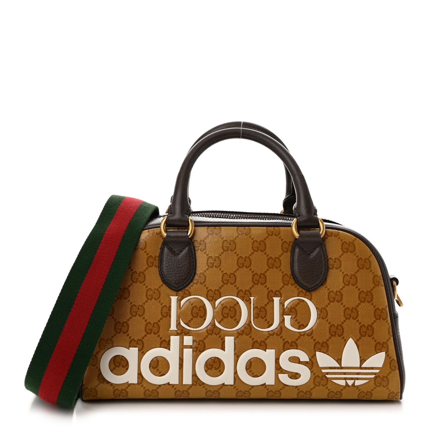 X ADIDAS Crystal Vintage Monogram Textured Dollar Calfskin Web Trefoil Logo Mini Bowling Bag Mid Natural Nut Off White New Acero